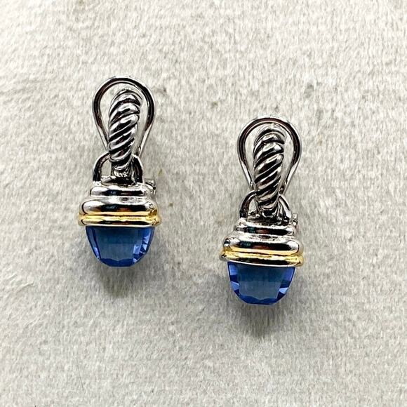 Vintage Blue Crystal Earrings Two Tone Silver Gold - Picture 4 of 6